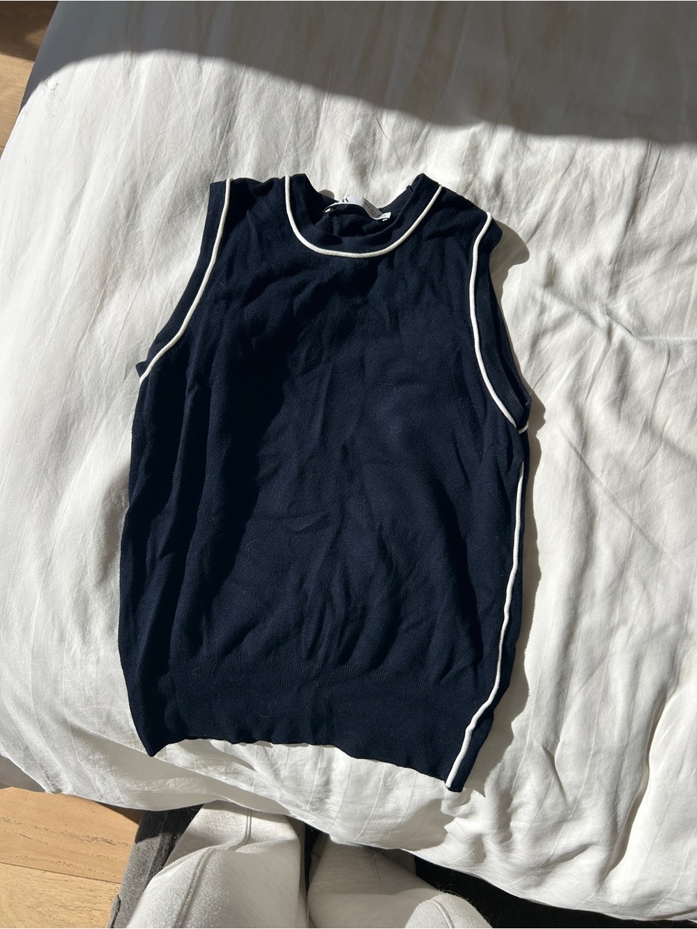 ZARA Navy Knit Tank with White Piping